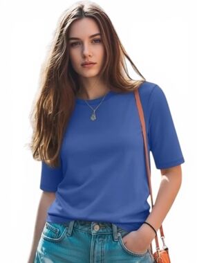 🆕️ Womens Half Sleeve Crewneck Casual Top Size Large  Royal Blue